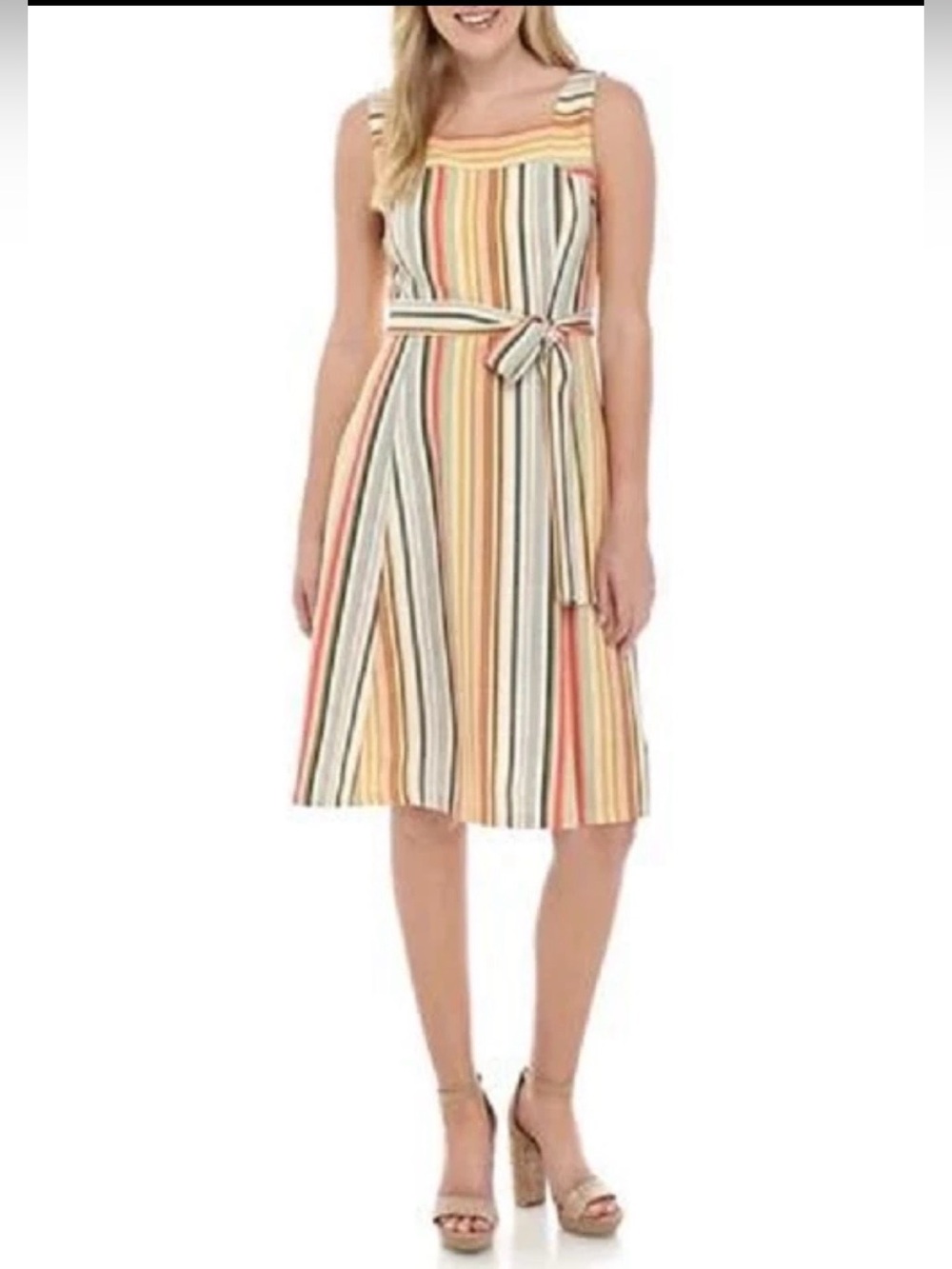 Sandra Darren Yellow Pink Stripes Dress Size 6 Fit &Flare Belted